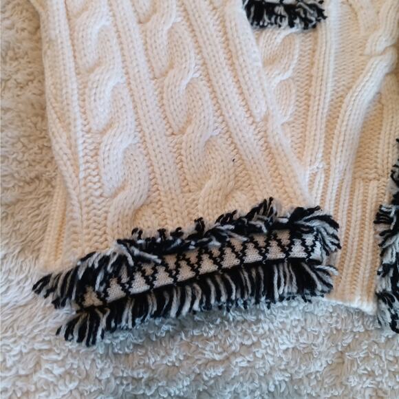 Chanel Cardigan Sweater 40 Small Ivory Cable Knit Fringe Trim Cashmere Cotton - Picture 2 of 14